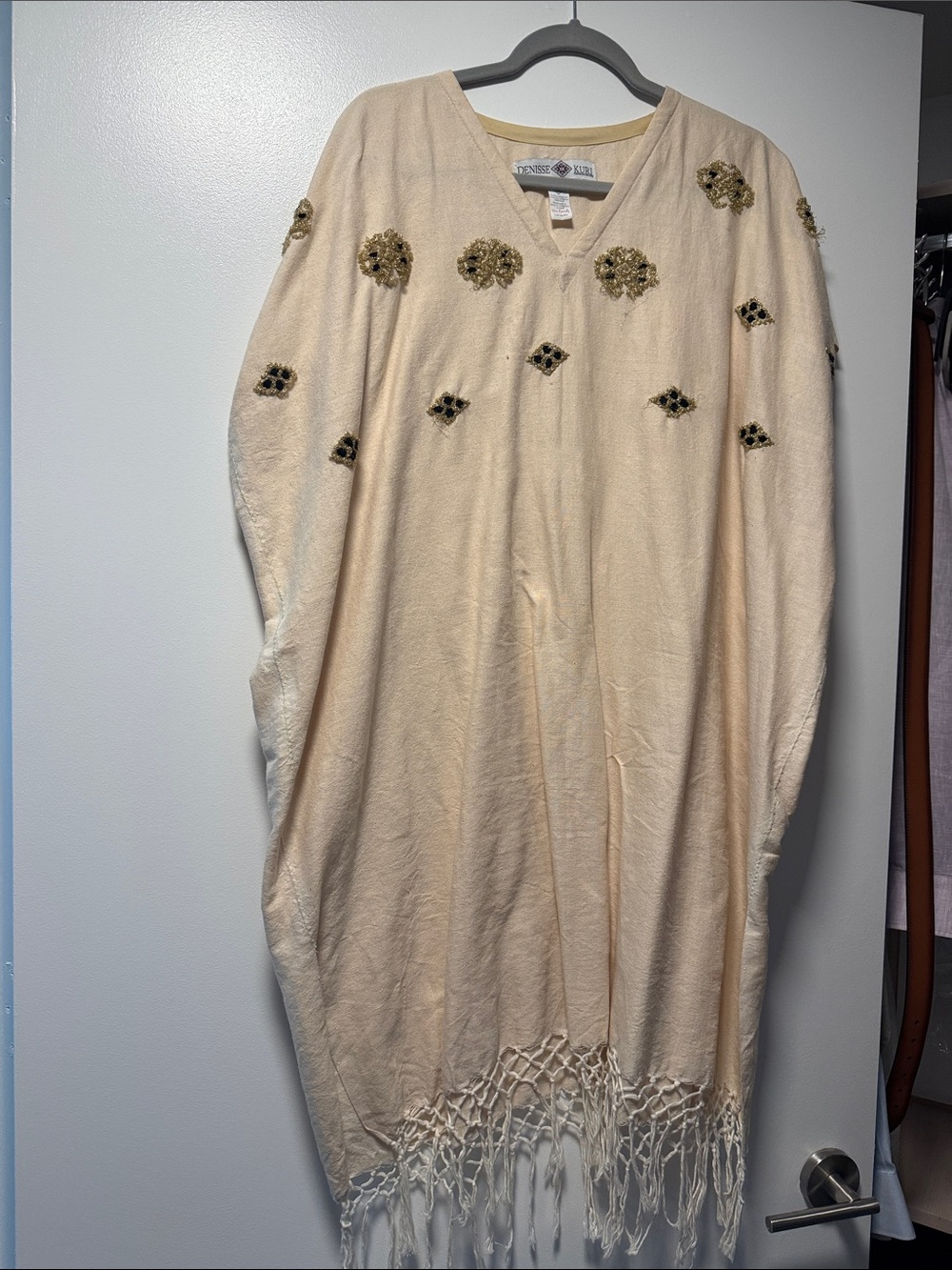 Kaftan, hand embroidered in Mexico, Boho Fringe Embellished V-Neck Dress - Cream